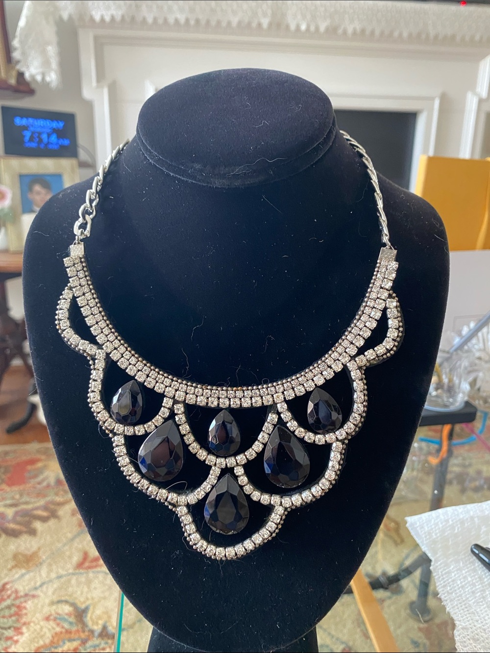 Statement Black Teardrop Crystal Bib Necklace - Unbranded